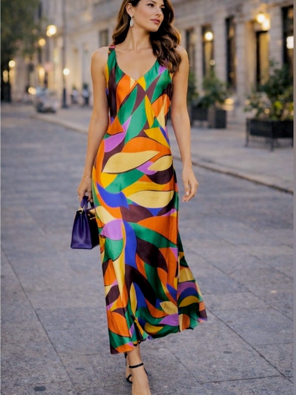 NWT Joie Bessia Satin Abstract Leaf Print V-Neck Slip Maxi Dress M